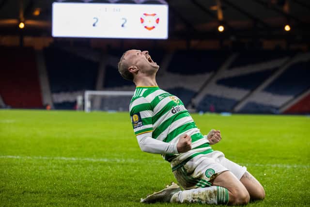 Celtic's Leigh Griffiths makes it 3-2 during the William Hill Scottish Cup final against Hearts at Hampden Park, on December 20, 2020 (Photo by Craig Williamson / SNS Group)