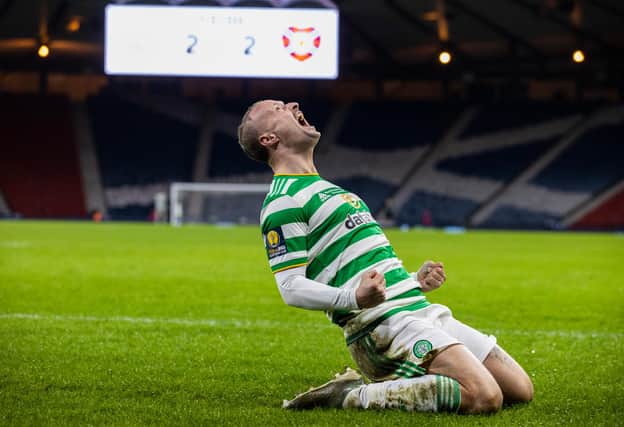Celtic's Leigh Griffiths makes it 3-2 during the William Hill Scottish Cup final against Hearts at Hampden Park, on December 20, 2020 (Photo by Craig Williamson / SNS Group)