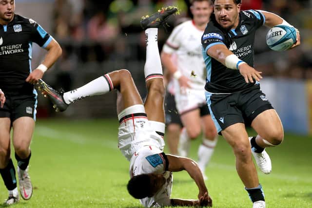 Sione Tuipulotu of Glasgow Warriors leaves Ulster's Robert Baloucoune in his wake. Picture: James Crombie/INPHO/Shutterstock