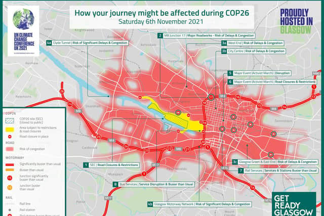The red lines show motorways "significantly busier than usual" while the pink shaded areas show the peak of the congestion risk on Saturday November 6. Picture: GetReadyGlasgow
