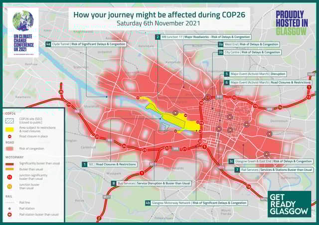 The red lines show motorways "significantly busier than usual" while the pink shaded areas show the peak of the congestion risk on Saturday November 6. Picture: GetReadyGlasgow