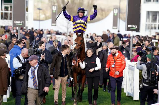 Derek Fox and Corach Rambler were triumphant in the Ultima Handicap Chase.