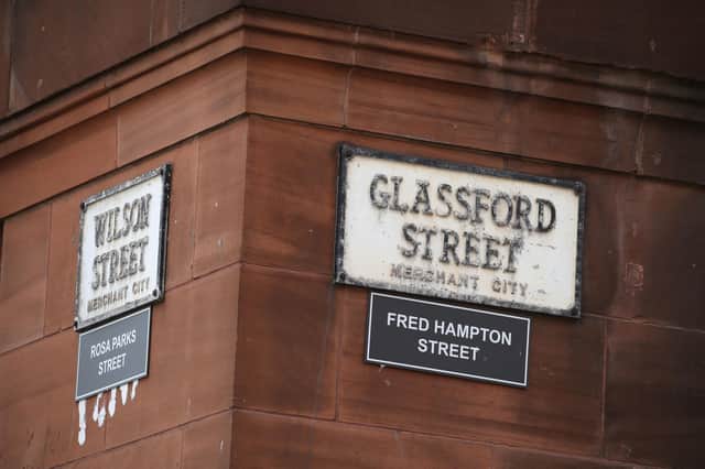 A sign alternatively naming Wilson Street 'Rosa Parks Street' and Glassford Street 'Fred Hampton Street' in Glasgow. Picture: Andrew Milligan/PA Wire