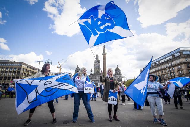 Protesters during a Scottish independence rally in George Square, Glasgow. Picture date: Saturday May 1, 2021. PA Photo. See PA story POLITICS Independence. Photo credit should read: Jane Barlow/PA Wire