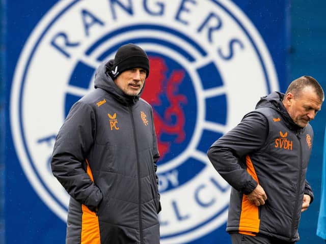 Rangers manager Philippe Clement and assistant Stephan Van Der Heyden during a training session on Thursday. (Photo by Alan Harvey / SNS Group)