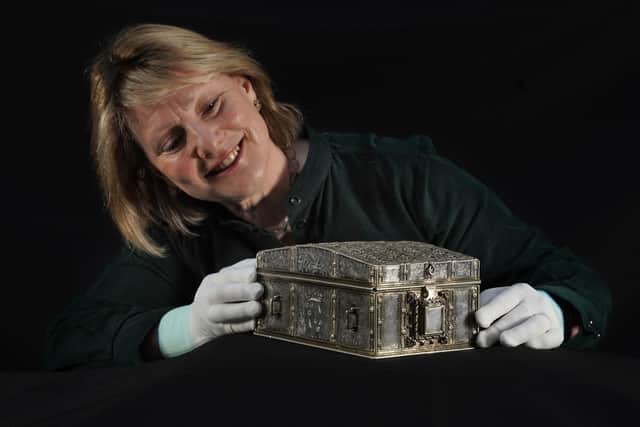 Dr Anna Groundwater, principal Curator at the the National Museum Scotland, with a rare French silver casket believed to have belonged to Mary Queen of Scots. Picture: Stewart Attwood