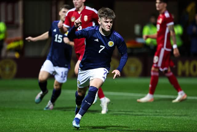 Scotland's Ben Doak celebrates after scoring to make it 3-0 over Hungary in an Under-21 Euro 2025 qualifier. (Photo by Ross MacDonald / SNS Group)