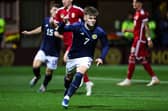 Scotland's Ben Doak celebrates after scoring to make it 3-0 over Hungary in an Under-21 Euro 2025 qualifier. (Photo by Ross MacDonald / SNS Group)