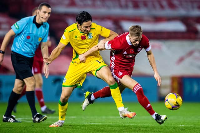 Hibs' Joe Newell and Ross McCrorie in action during the Easter Road side's trip to Aberdeen last November. Picture: SNS