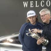 2022 Open champion Cameron Smith and R&A CEO Martin Slumbers look at the Claret Jug after it was brought back by the Australian at the start of 151st Open week at Royal Liverpool. Picture: Tom Russo|Daily Reporter