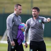 Celtic coaches John Kennedy and Harry Kewell during a training sessions at Lennoxtown. (Photo by Craig Williamson / SNS Group)
