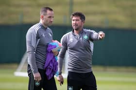 Celtic coaches John Kennedy and Harry Kewell during a training sessions at Lennoxtown. (Photo by Craig Williamson / SNS Group)
