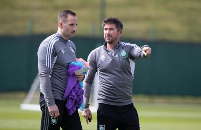 Celtic coaches John Kennedy and Harry Kewell during a training sessions at Lennoxtown. (Photo by Craig Williamson / SNS Group)
