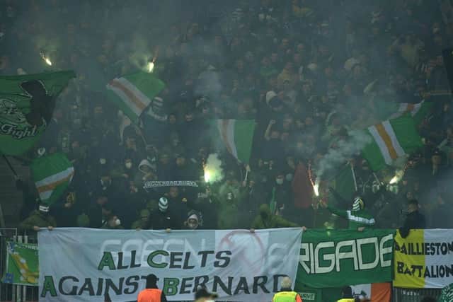 Celtic's fans prior to the UEFA Europa League Group G football match Bayer 04 Leverkusen v Celtic in Leverkusen, western Germany, on November 25, 2021. (Photo by INA FASSBENDER/AFP via Getty Images)