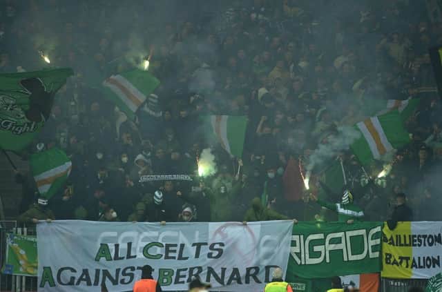 Celtic's fans prior to the UEFA Europa League Group G football match Bayer 04 Leverkusen v Celtic in Leverkusen, western Germany, on November 25, 2021. (Photo by INA FASSBENDER/AFP via Getty Images)