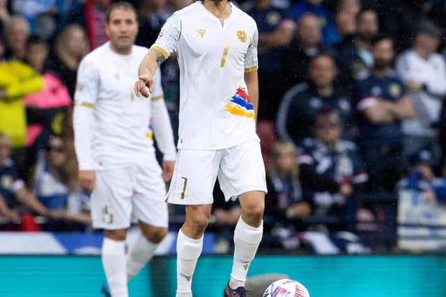 GLASGOW, SCOTLAND - JUNE 08:
Khoren Bayramyan in action for Armenia during a UEFA Nations League match between Scotland and Armenia at Hampden Park, on June 08, 2022, in Glasgow, Scotland. (Photo by Alan Harvey / SNS Group)