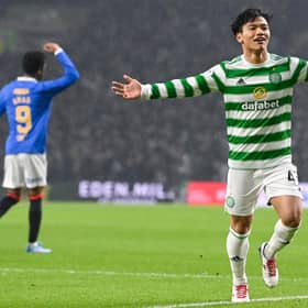 Celtic's Reo Hatate celebrates making it 1-0 over Rangers at Celtic Park. (Photo by Rob Casey / SNS Group)