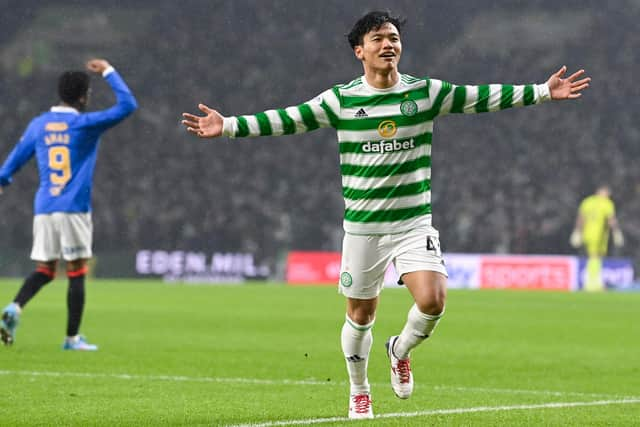 Celtic's Reo Hatate celebrates making it 1-0 over Rangers at Celtic Park. (Photo by Rob Casey / SNS Group)