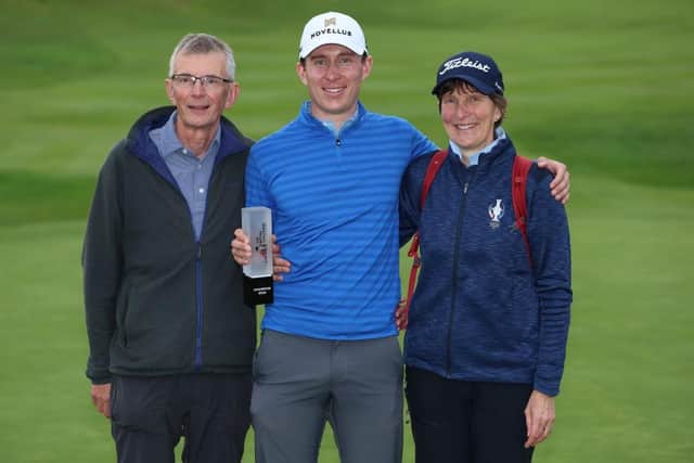 Euan Walker celebrates with hs mum and dad after winning the British Challenge presented by Modest! Golf Management at St Mellion Estate in Cornwall on Sunday. Picture: Luke Walker/Getty Images.