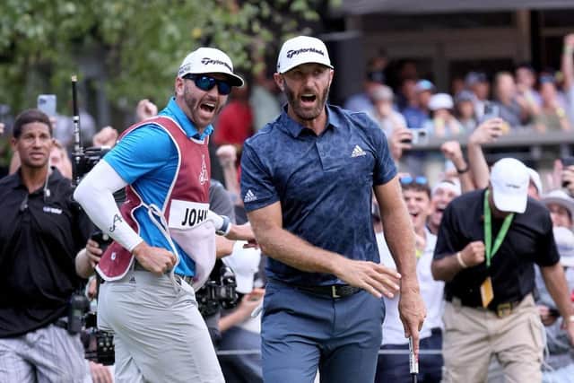 Dustin Johnson celebrates after holing an eagle putt in a play-off to win the LIV Golf Invitational - Boston on Sunday. Picture: Andy Lyons/Getty Images.