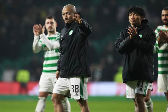 Maeda will miss three Celtic matches, but Reo Hatate, right, will remain in Scotland.