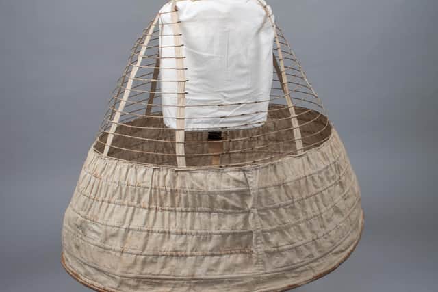 Conservation work has been carried out on this crinoline ‘cage’ skirt, a large undergarment made up of a series of spring steel hoops, which became fashionable with women in the mid-1850s, before it goes on public display at Paisley Museum later this year.