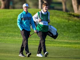 Craig Howie walks with brother Darren during the second round of the Rolex Challenge Tour Grand Final supported by The R&A at T-Golf & Country Club in Mallorca. Picture: Octavio Passos/Getty Images.
