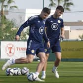 Kevin Nisbet and Jacob Brown flank Kieran Tierney during Scotland training in La Finca, Spain. (Photo by Jose Breton / SNS Group)