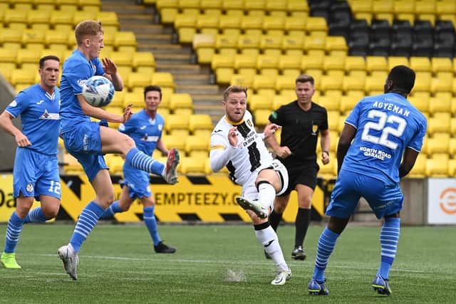 Livingston's Bruce Anderson fires a shot at goal during the Premier Sports Cup win over Kelty Hearts. (Photo by Paul Devlin / SNS Group)