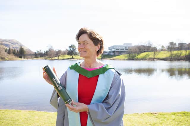 Scottish golfer and Solheim Cup captain and winner Catriona Matthews with her honorary degree from the University of Stirling, 1 April 2022