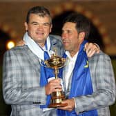 Paul Lawrie celebrates with captain Jose Maria Olazabal after Europe's win in the 2012 Ryder Cup at Medinah. Picture: Ross Kinnaird/Getty Images.