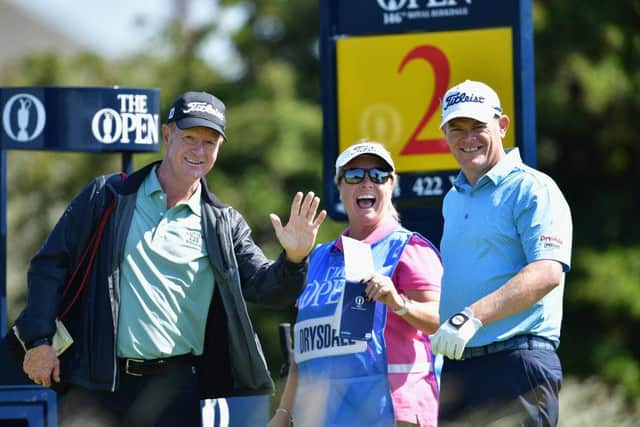 Jamie Gough pictured with David Drysdale and wife Vicky during a practice round prior for the 2017 Open at Royal Birkdale. Picture: Stuart Franklin/Getty Images.