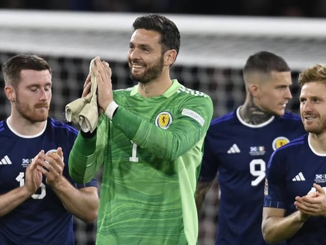 Craig Gordon takes the applause of the Scotland fans after the win over the Irish.