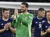 Craig Gordon takes the applause of the Scotland fans after the win over the Irish.