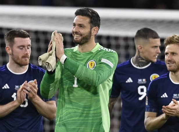 Craig Gordon takes the applause of the Scotland fans after the win over the Irish.