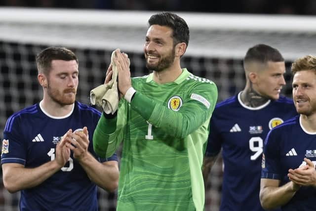 Craig Gordon takes the applause of the Scotland fans after the win over the Irish.