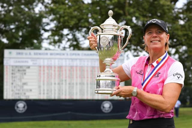 Annika Sorenstam holds up the trophy after winning the 2021 US Senior Women's Open at Brooklawn Country Club in Fairfield, Connecticut. Picture: Rich Schultz/Getty Images.