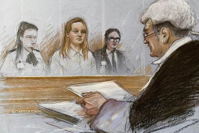 A court artist drawing by Elizabeth Cook of Jemma Mitchell, at the Old Bailey in London, during sentencing for the murder of Mee Kuen Chong, whose headless body was dumped in Devon. Picture: Elizabeth Cook/PA Wire