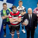 SRU chief executive Mark Dodson at the launch of Super6 in May 2018. He is surrounded by representatives of the six original clubs, back row L-R, Chris Laidlaw (Boroughmuir), Nick Sutherland (Heriot's), Ross Graham (Watsonian FC), Craig Jackson (Melrose), and front row L-R, Ross Bundy (Stirling County),  and Steven Longwell (Ayr). Picture: Alan Harvey/SNS