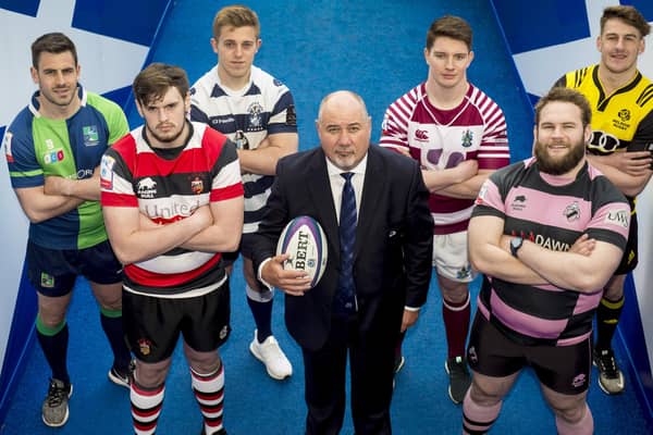SRU chief executive Mark Dodson at the launch of Super6 in May 2018. He is surrounded by representatives of the six original clubs, back row L-R, Chris Laidlaw (Boroughmuir), Nick Sutherland (Heriot's), Ross Graham (Watsonian FC), Craig Jackson (Melrose), and front row L-R, Ross Bundy (Stirling County),  and Steven Longwell (Ayr). Picture: Alan Harvey/SNS