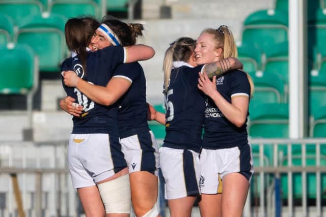 Celebrations for Scotland during the Six Nations win over Wales at Scotstoun. Picture: Ross MacDonald/SNS