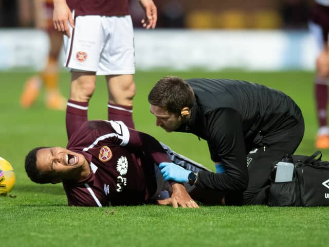 Hearts defender Toby Sibbick screams in pain during the match against Motherwell.