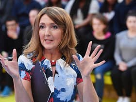 GLASGOW, SCOTLAND - MAY 26:  Presenter Victoria Derbyshire hosts "How Should I Vote? - The EU Debate" at The Briggait on May 26, 2016 in Glasgow. The BBC's first televised EU referendum debate was held in Glasgow in front of an audience of eighteen to twenty nine year olds and a panel of SNP's Alex Salmond and Labour's Alan Johnson backing staying in the EU while UKIP MEP Diane James and Conservative Liam Fox arguing to leave.  (Photo by Jeff J Mitchell/Getty Images)