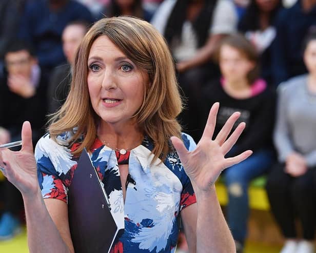 GLASGOW, SCOTLAND - MAY 26:  Presenter Victoria Derbyshire hosts "How Should I Vote? - The EU Debate" at The Briggait on May 26, 2016 in Glasgow. The BBC's first televised EU referendum debate was held in Glasgow in front of an audience of eighteen to twenty nine year olds and a panel of SNP's Alex Salmond and Labour's Alan Johnson backing staying in the EU while UKIP MEP Diane James and Conservative Liam Fox arguing to leave.  (Photo by Jeff J Mitchell/Getty Images)