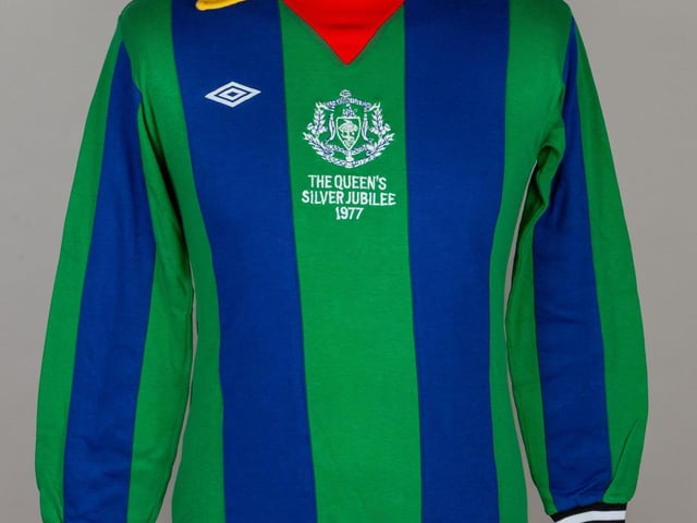 Lot 100 Tommy McLean blue, green, yellow and red No.7 Silver Jubilee match worn shirt, 1977