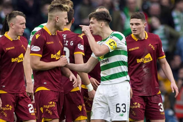 Celtic captain Kieran Tierney exchnages words with Motherwell's James Scott after the controversial goal in the February, 2019 fixture at Celtic Park.