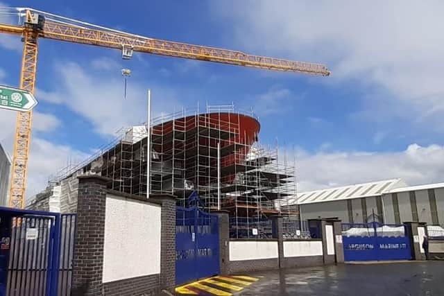 The unnamed second ferry, hull 802, taking shape at Ferguson Marine in Port Glasgow in May. Picture: The Scotsman