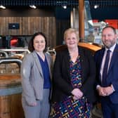 From left, Kate Forbes, Deputy First Minister; Councillor Cecil Meiklejohn, Leader of Falkirk Council; and Rt Hon Ian Murray MP Secretary of State for Scotland following the signing of the £100 million Falkirk and Grangemouth Growth Deal.  (Pic: Julie Howden)