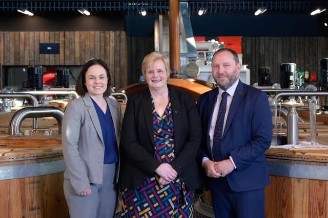 From left, Kate Forbes, Deputy First Minister; Councillor Cecil Meiklejohn, Leader of Falkirk Council; and Rt Hon Ian Murray MP Secretary of State for Scotland following the signing of the £100 million Falkirk and Grangemouth Growth Deal. (Pic: Julie Howden)