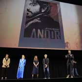 (L-R) Kathleen Kennedy, President, Lucasfilm, Genevieve O'Reilly, Sanne Wohlenberg, Tony Gilroy, Diego Luna and Yvette Nicole Brown attend the studio showcase panel at Star Wars Celebration for 'Andor'.